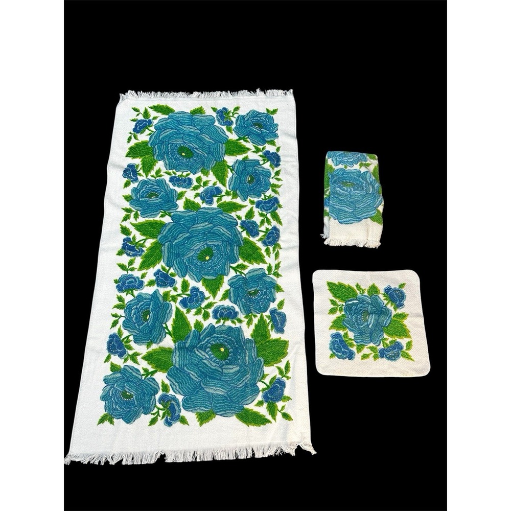 Vintage Fieldcrest‎ Retro blue towel set bath hand washcloth 1970s